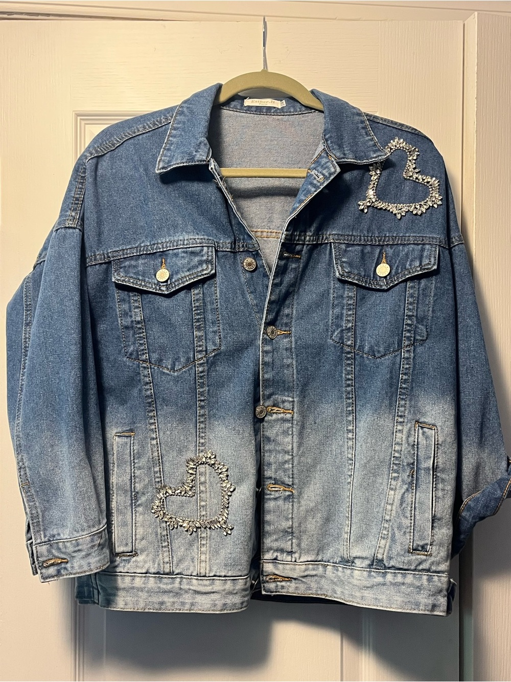 Embellished Light Blue Denim Jacket with Crystal Hearts